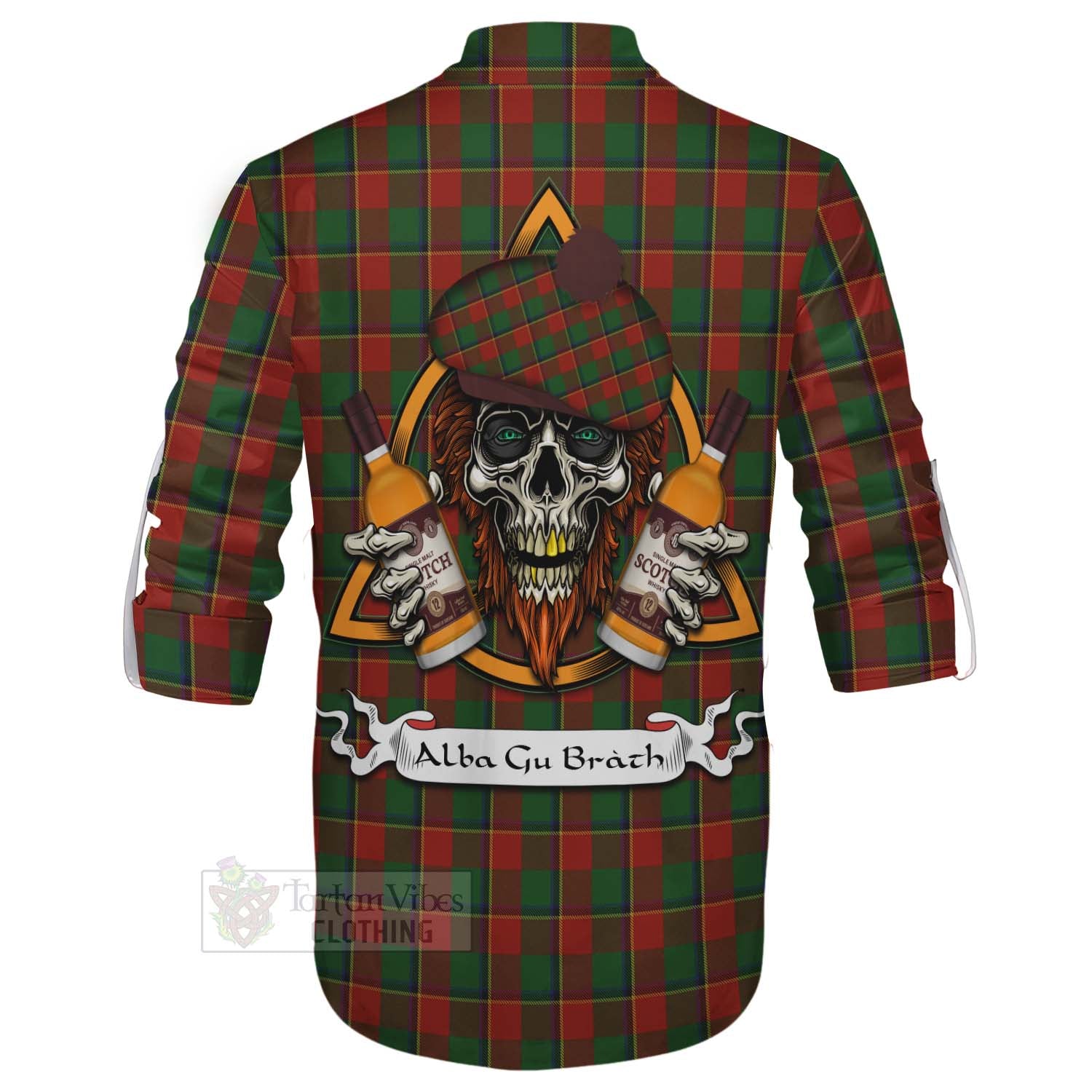 Tartan Vibes Clothing Turnbull Tartan Ghillie Kilt Shirt with Family Crest and Bearded Skull Holding Bottles of Whiskey