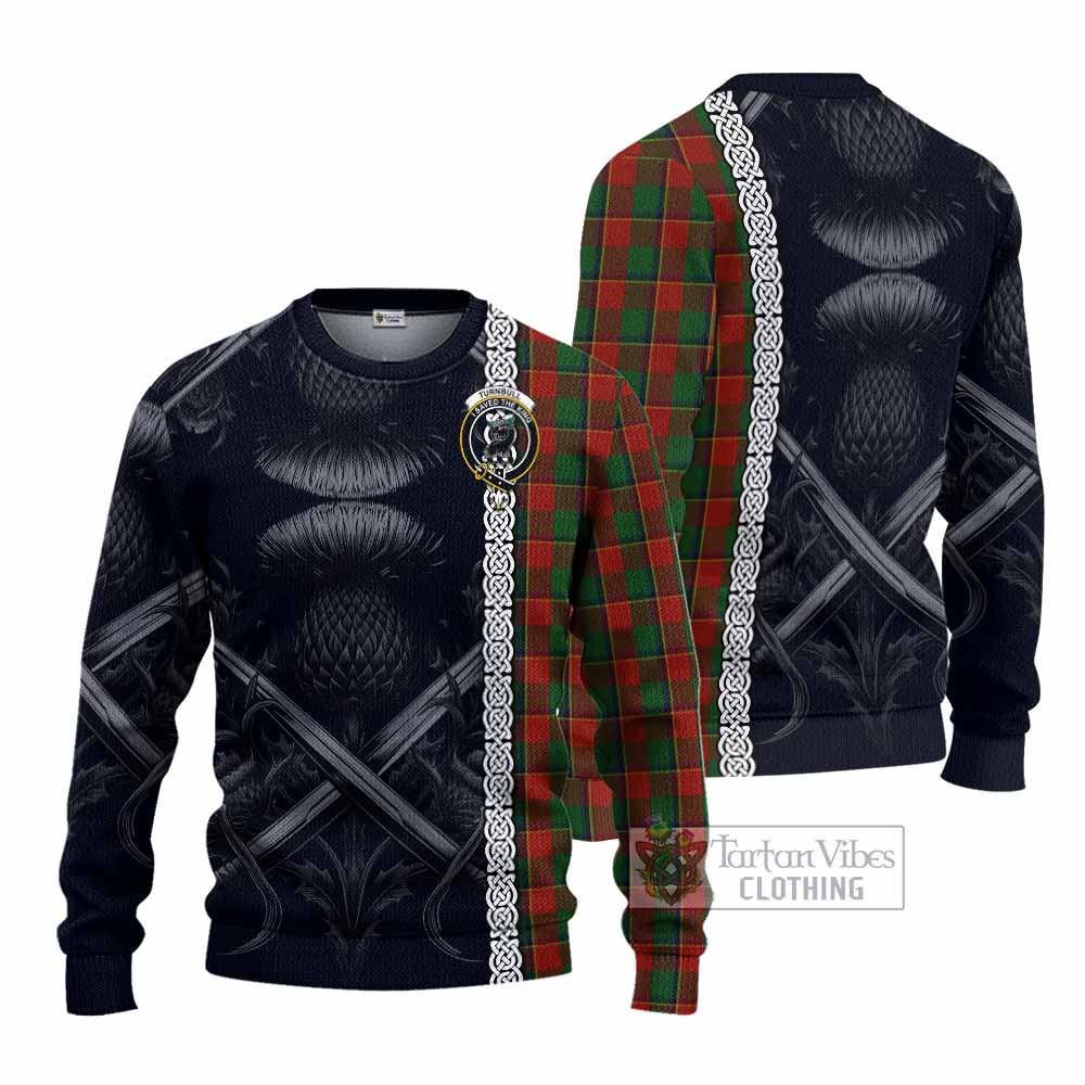 Tartan Vibes Clothing Turnbull Tartan Knitted Sweater with Family Crest Cross Sword Thistle Celtic Vibes
