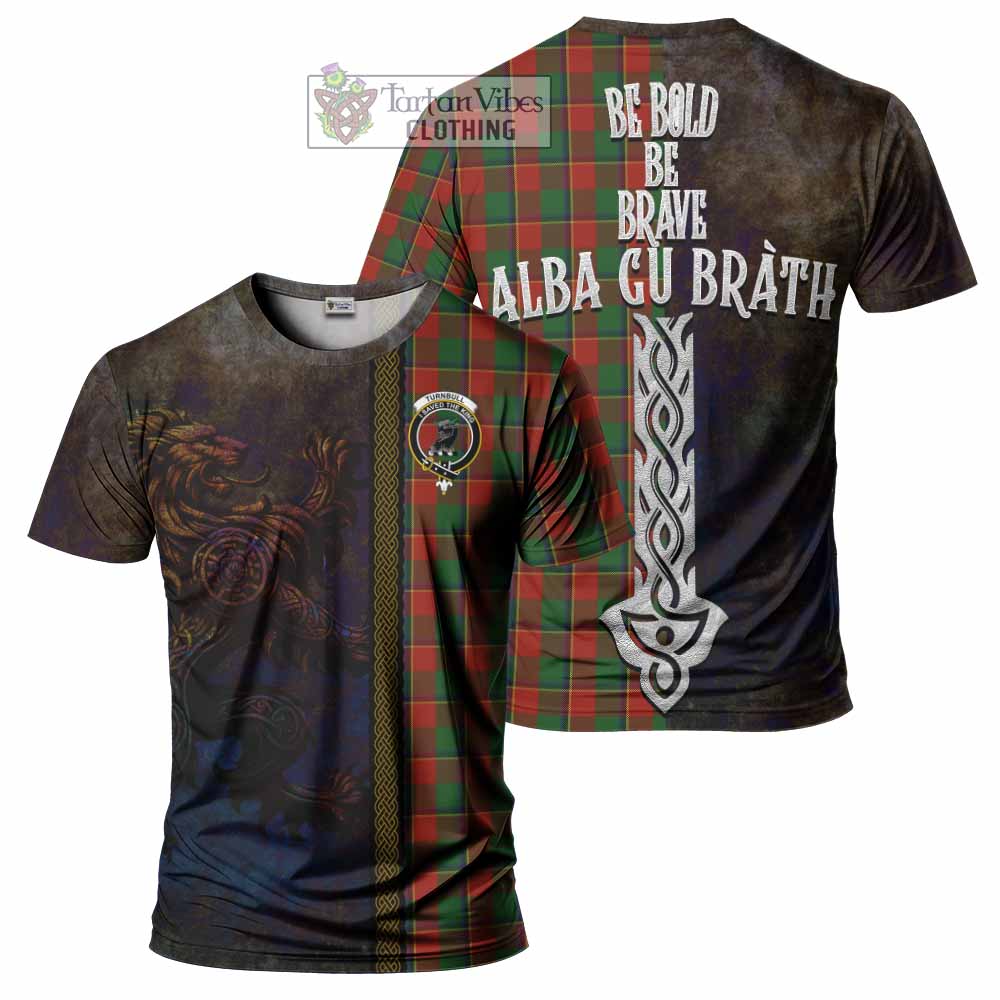 Tartan Vibes Clothing Turnbull Tartan Family Crest T-Shirt Alba Gu Brath Be Brave Lion Ancient Style