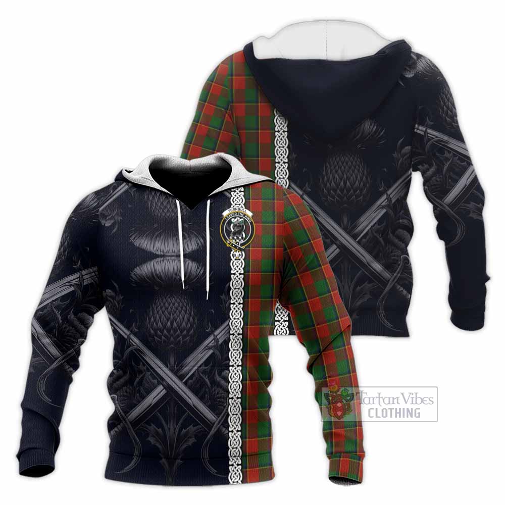 Tartan Vibes Clothing Turnbull Tartan Knitted Hoodie with Family Crest Cross Sword Thistle Celtic Vibes
