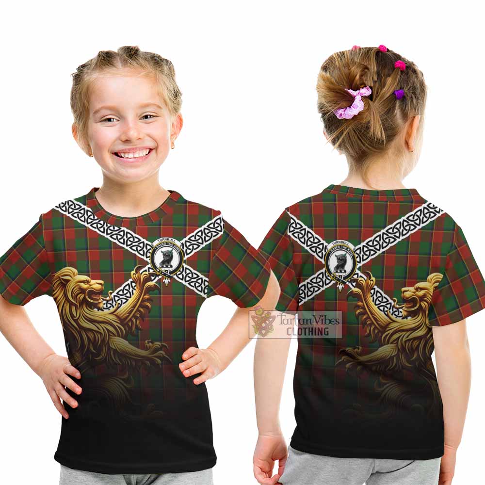 Tartan Vibes Clothing Turnbull Crest Tartan Kid T-Shirt with Golden Lion Emblem Celtic Style