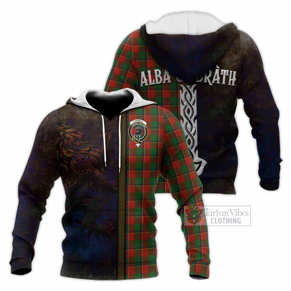 Tartan Vibes Clothing Turnbull Tartan Family Crest Knitted Hoodie Alba Gu Brath Be Brave Lion Ancient Style