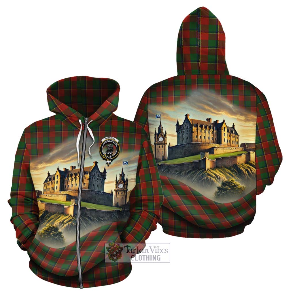 Tartan Vibes Clothing Turnbull Tartan Family Crest Cotton Hoodie with Scottish Ancient Castle Style