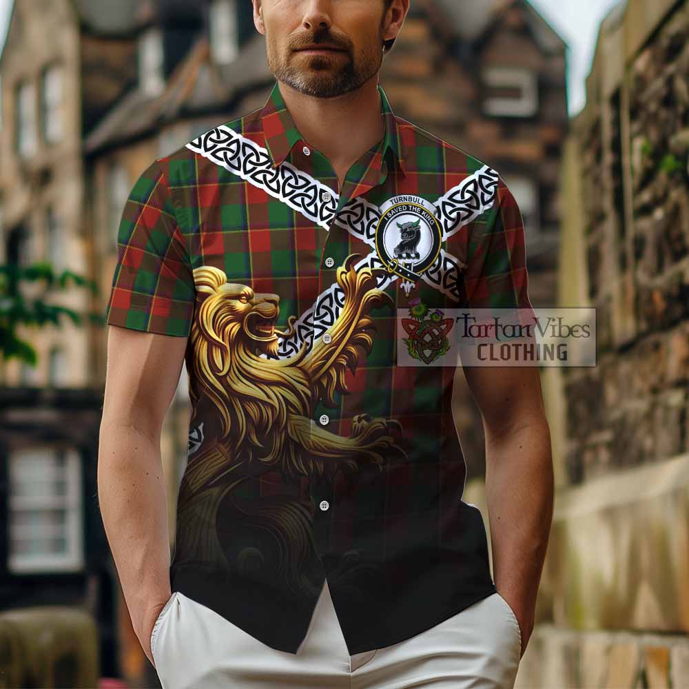 Tartan Vibes Clothing Turnbull Crest Tartan Short Sleeve Button Shirt with Golden Lion Emblem Celtic Style