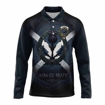 Turnbull Clan Crest Long Sleeve Polo Shirt with Celtic Knot Thistle and Saltire