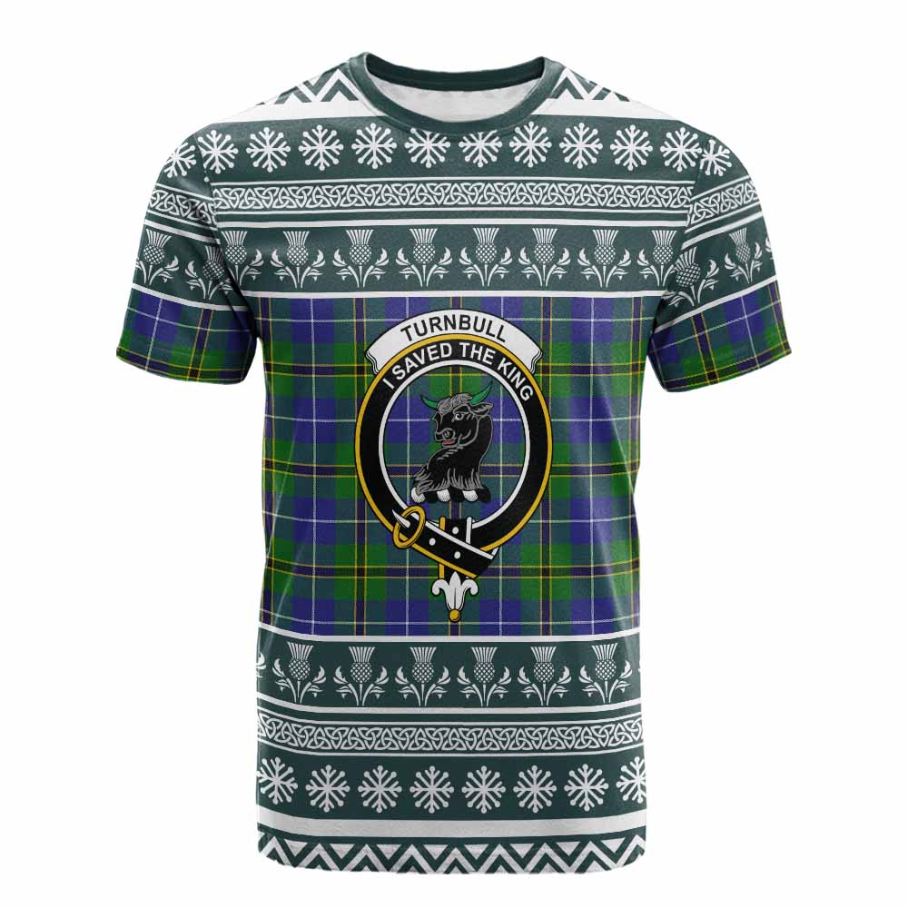 Turnbull Clan Tartan Christmas Cotton T-shirt with Family Crest - Tartan Vibes Clothing