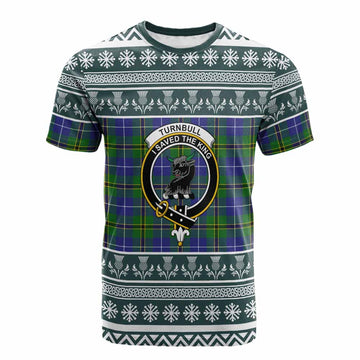 Turnbull Clan Tartan Christmas Cotton T-shirt with Family Crest