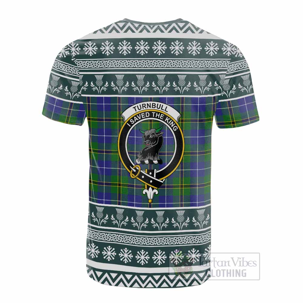 Turnbull Clan Tartan Christmas Cotton T-shirt with Family Crest - Tartan Vibes Clothing