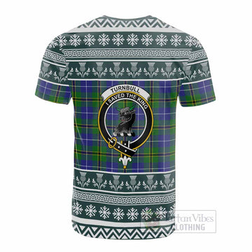 Turnbull Clan Tartan Christmas Cotton T-shirt with Family Crest
