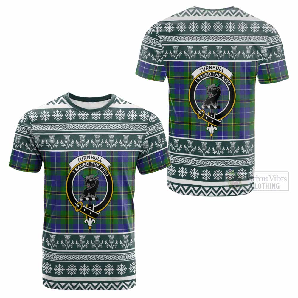 Turnbull Clan Tartan Christmas Cotton T-shirt with Family Crest - Tartan Vibes Clothing