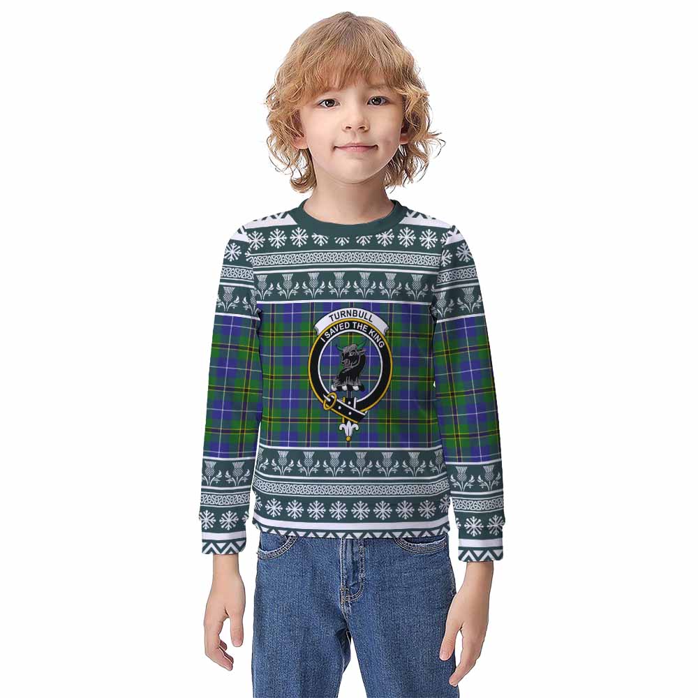 Turnbull Clan Tartan Christmas Kid Ugly Sweatshirt with Family Crest - Tartan Vibes Clothing
