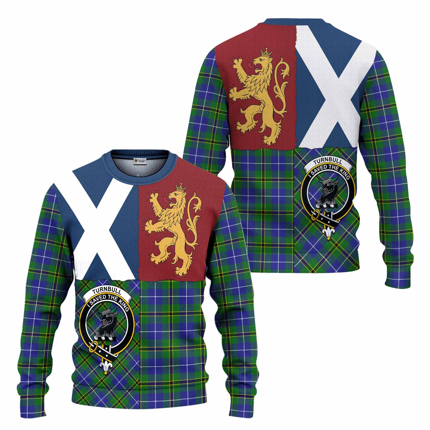 Turnbull Crest Tartan Knitted Sweater with Lion Rampant Saltire Style