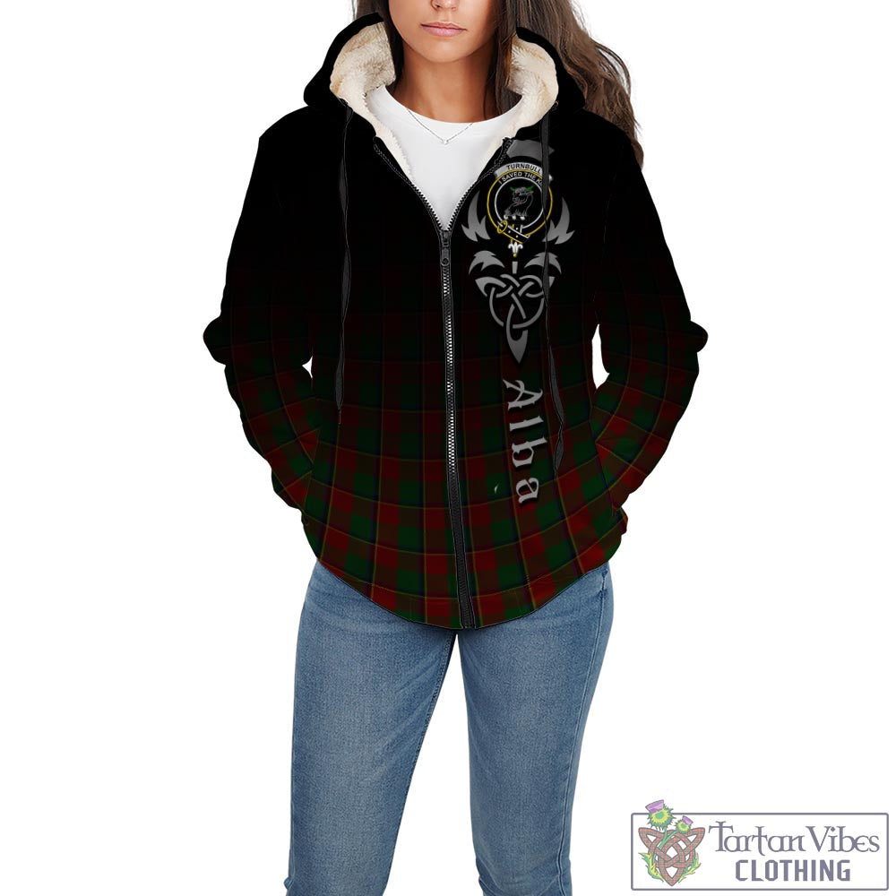 Tartan Vibes Clothing Turnbull Dress Tartan Sherpa Hoodie Featuring Alba Gu Brath Family Crest Celtic Inspired