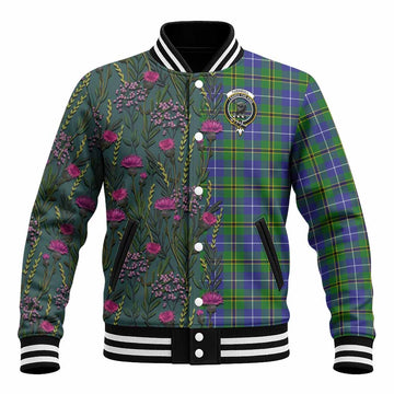 Turnbull Family Crest Tartan Baseball Jacket Scottish Thistle Flower Pattern Half Style
