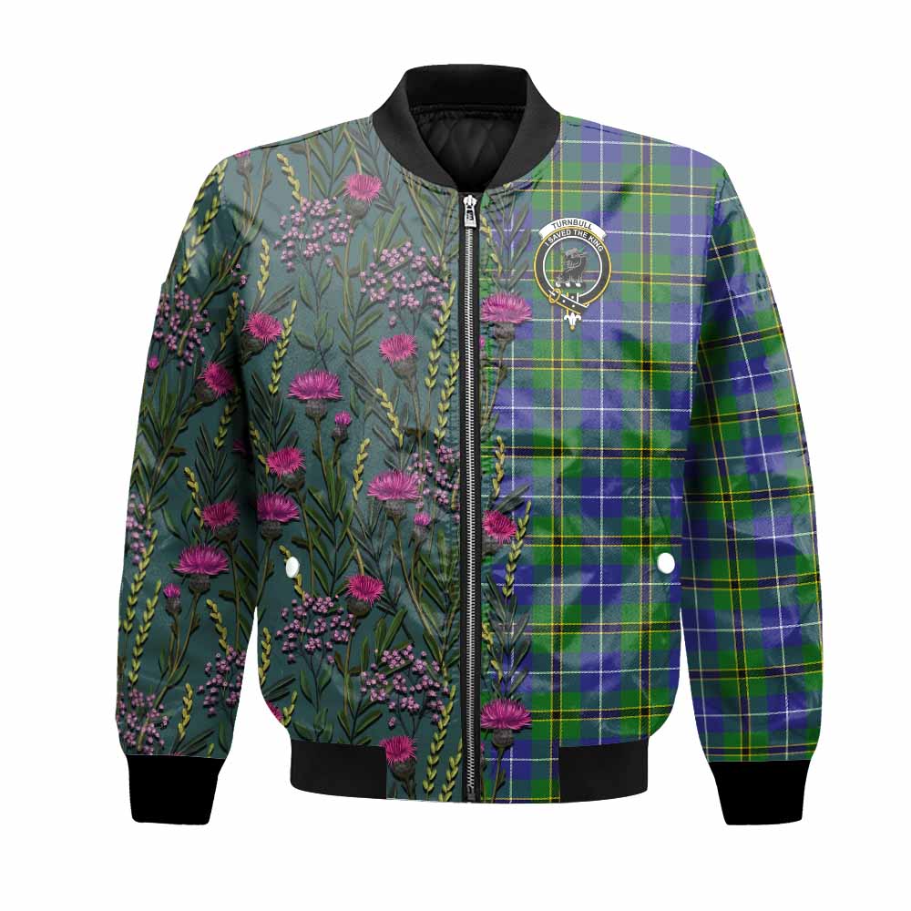 Turnbull Family Crest Tartan Bomber Jacket Scottish Thistle Flower Pattern Half Style - Tartan Vibes Clothing