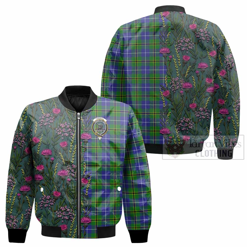 Turnbull Family Crest Tartan Bomber Jacket Scottish Thistle Flower Pattern Half Style - Tartan Vibes Clothing