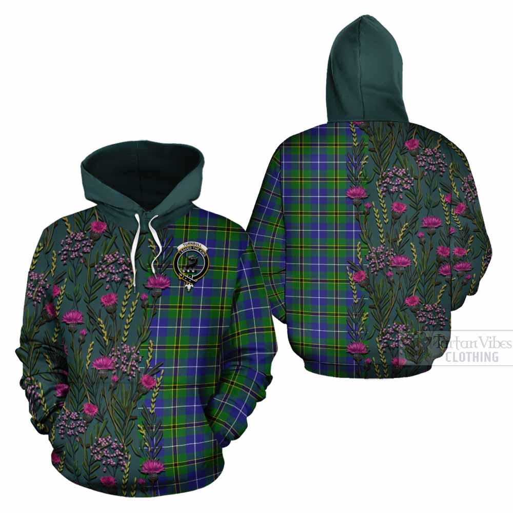 Turnbull Family Crest Tartan Cotton Hoodie Scottish Thistle Flower Pattern Half Style - Tartan Vibes Clothing