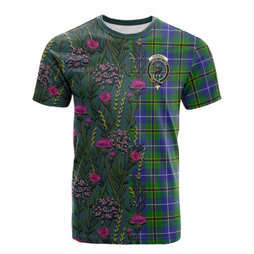 Turnbull Family Crest Tartan Cotton T-shirt Scottish Thistle Flower Pattern Half Style