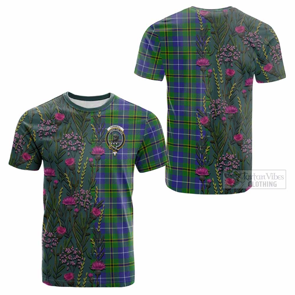 Turnbull Family Crest Tartan Cotton T-shirt Scottish Thistle Flower Pattern Half Style - Tartan Vibes Clothing