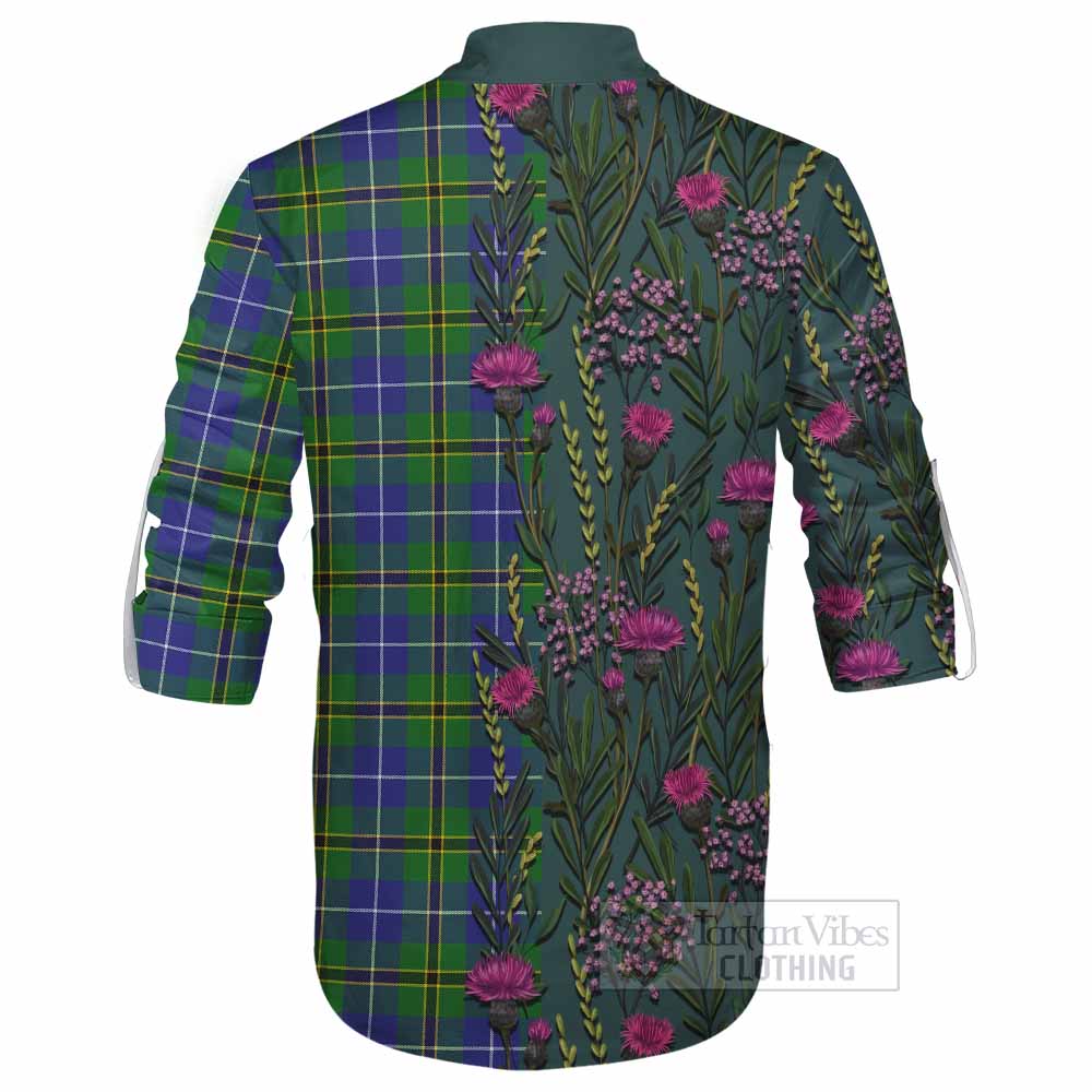 Turnbull Family Crest Tartan Ghillie Shirt Scottish Thistle Flower Pattern Half Style - Tartan Vibes Clothing