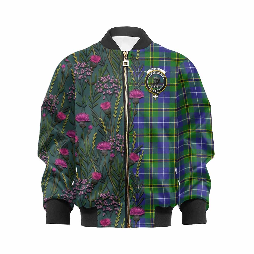 Turnbull Family Crest Tartan Kid Bomber Jacket Scottish Thistle Flower Pattern Half Style - Tartan Vibes Clothing