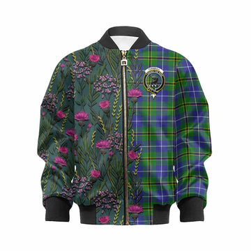 Turnbull Family Crest Tartan Kid Bomber Jacket Scottish Thistle Flower Pattern Half Style - Tartan Vibes Clothing