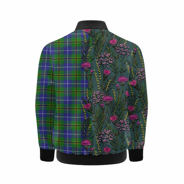 Turnbull Family Crest Tartan Kid Bomber Jacket Scottish Thistle Flower Pattern Half Style - Tartan Vibes Clothing