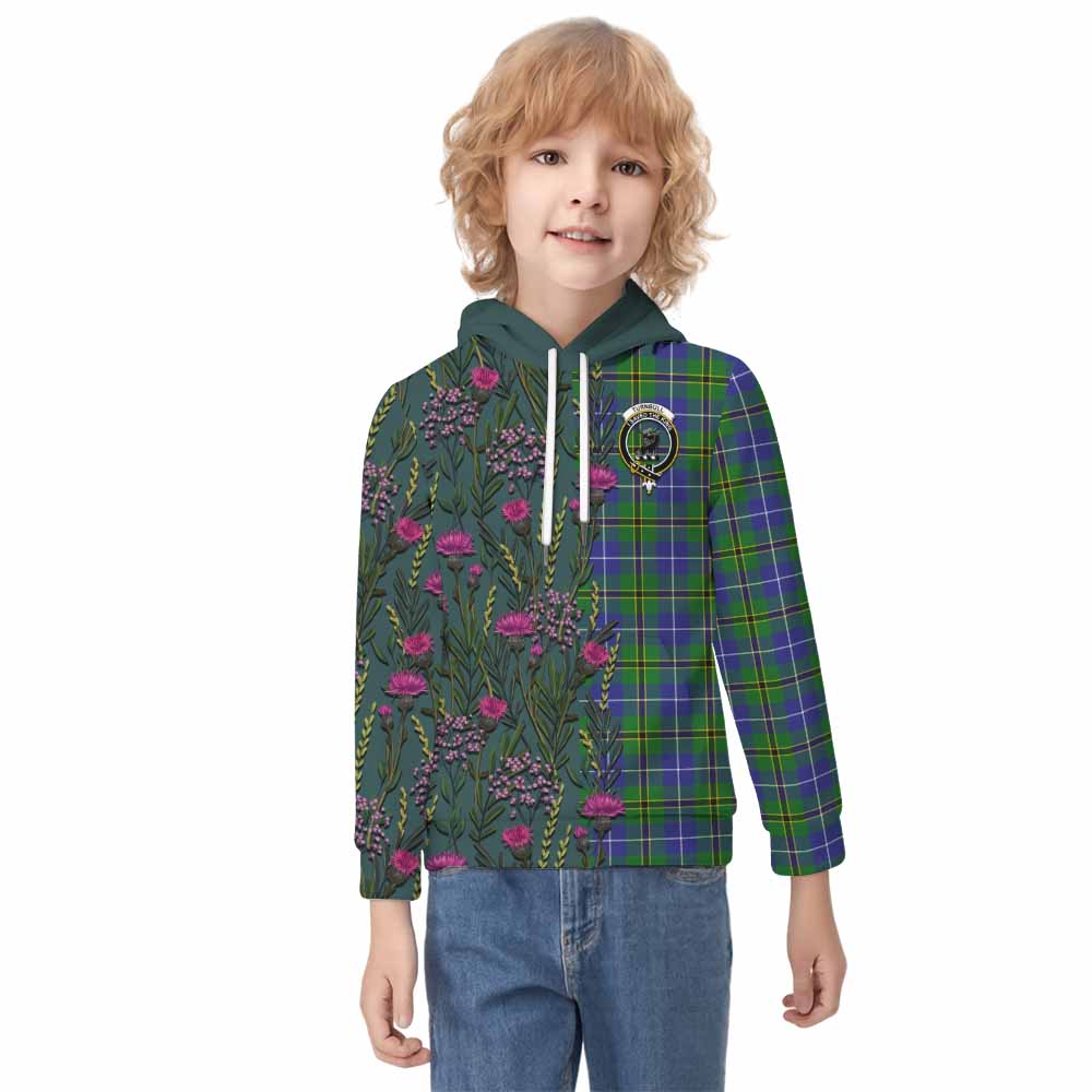 Turnbull Family Crest Tartan Kid Hoodie Scottish Thistle Flower Pattern Half Style - Tartan Vibes Clothing