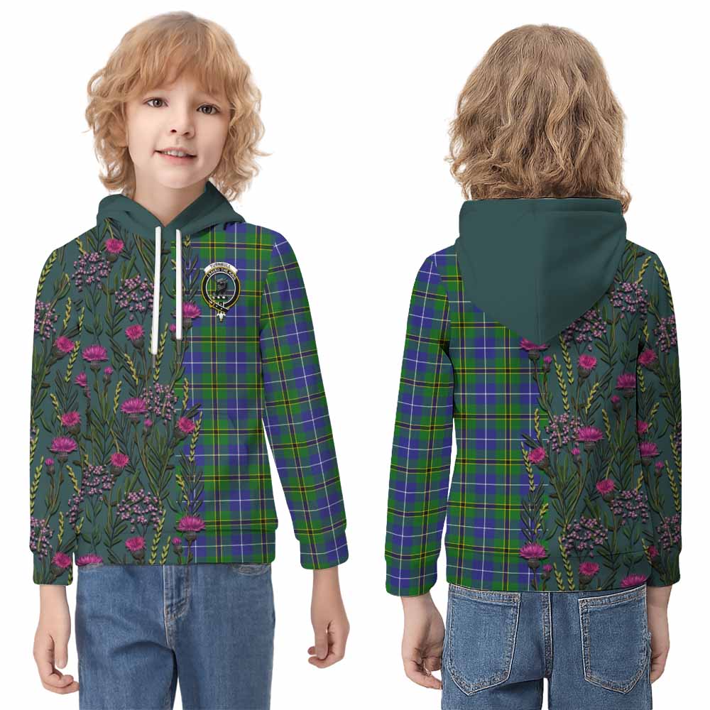Turnbull Family Crest Tartan Kid Hoodie Scottish Thistle Flower Pattern Half Style - Tartan Vibes Clothing