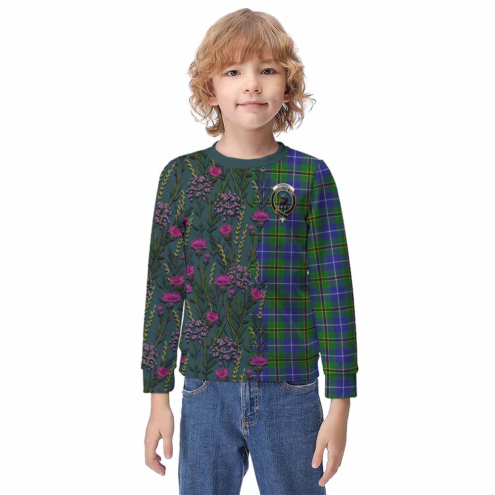 Turnbull Family Crest Tartan Kid Knitted Sweatshirt Scottish Thistle Flower Pattern Half Style - Tartan Vibes Clothing