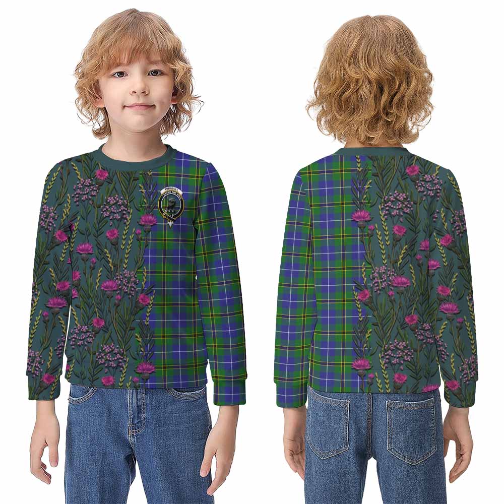 Turnbull Family Crest Tartan Kid Knitted Sweatshirt Scottish Thistle Flower Pattern Half Style - Tartan Vibes Clothing