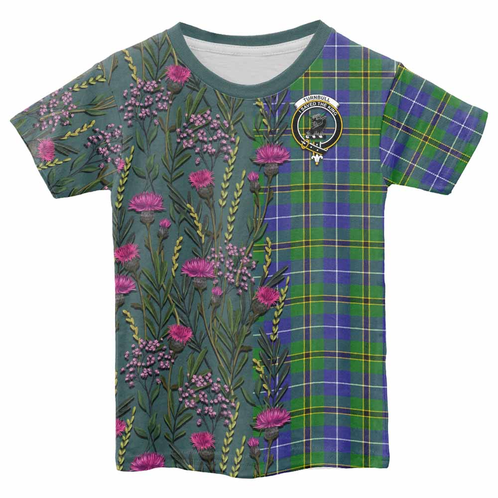 Turnbull Family Crest Tartan Kid T-shirt Scottish Thistle Flower Pattern Half Style - Tartan Vibes Clothing