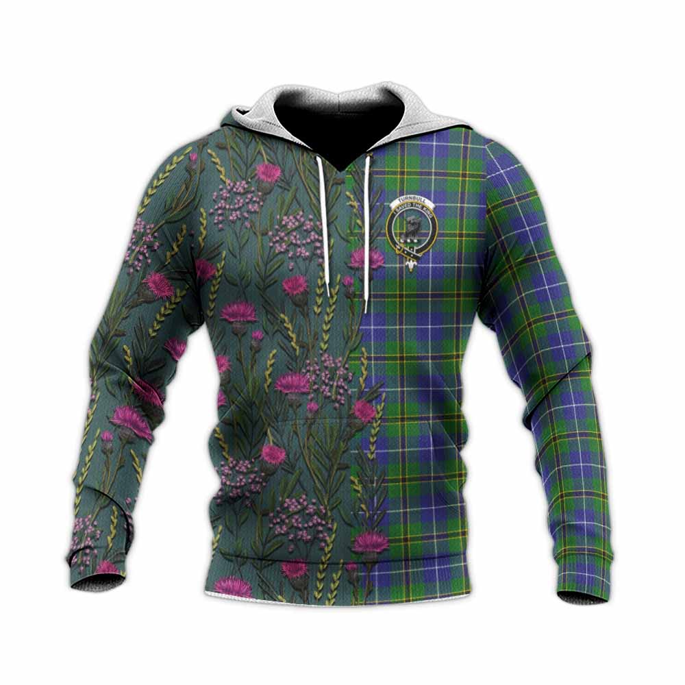 Turnbull Family Crest Tartan Knitted Hoodie Scottish Thistle Flower Pattern Half Style - Tartan Vibes Clothing