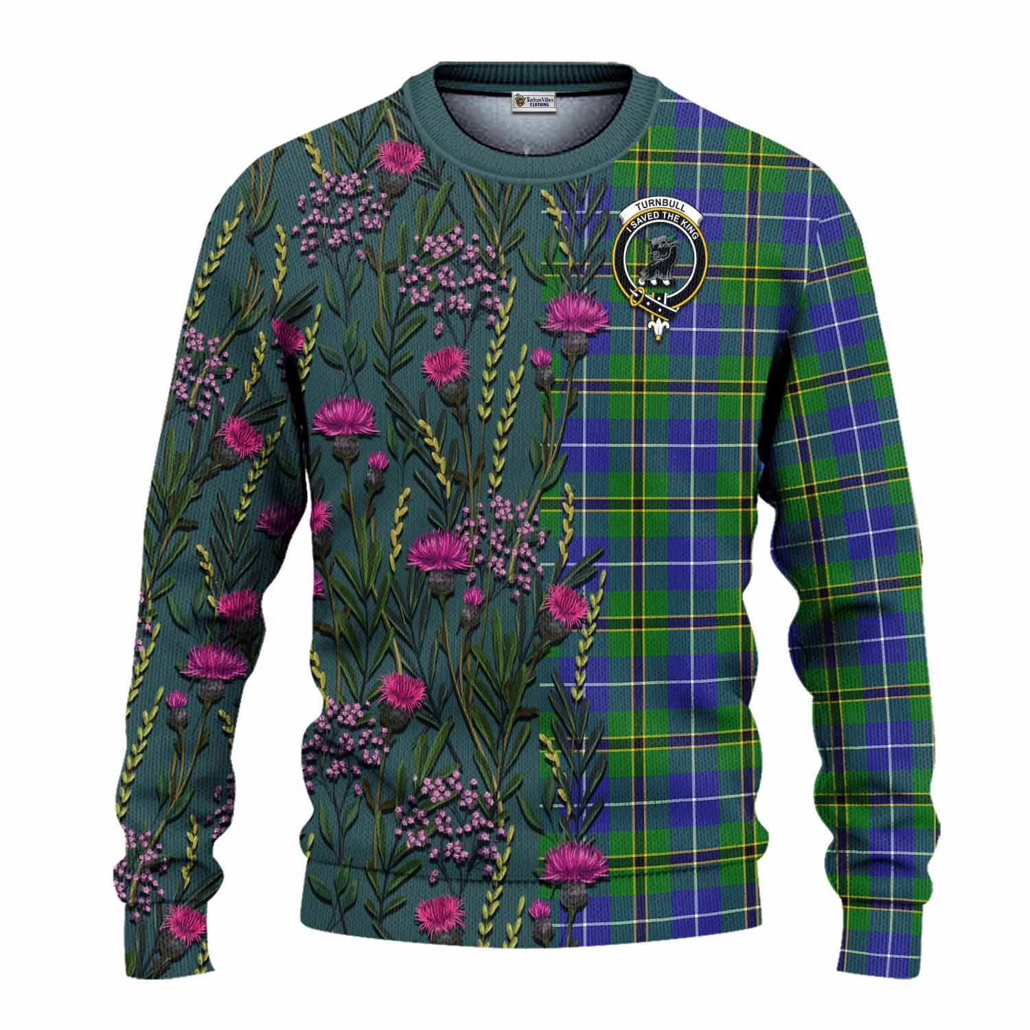 Turnbull Family Crest Tartan Knitted Sweater Scottish Thistle Flower Pattern Half Style - Tartan Vibes Clothing