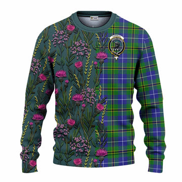 Turnbull Family Crest Tartan Knitted Sweater Scottish Thistle Flower Pattern Half Style - Tartan Vibes Clothing