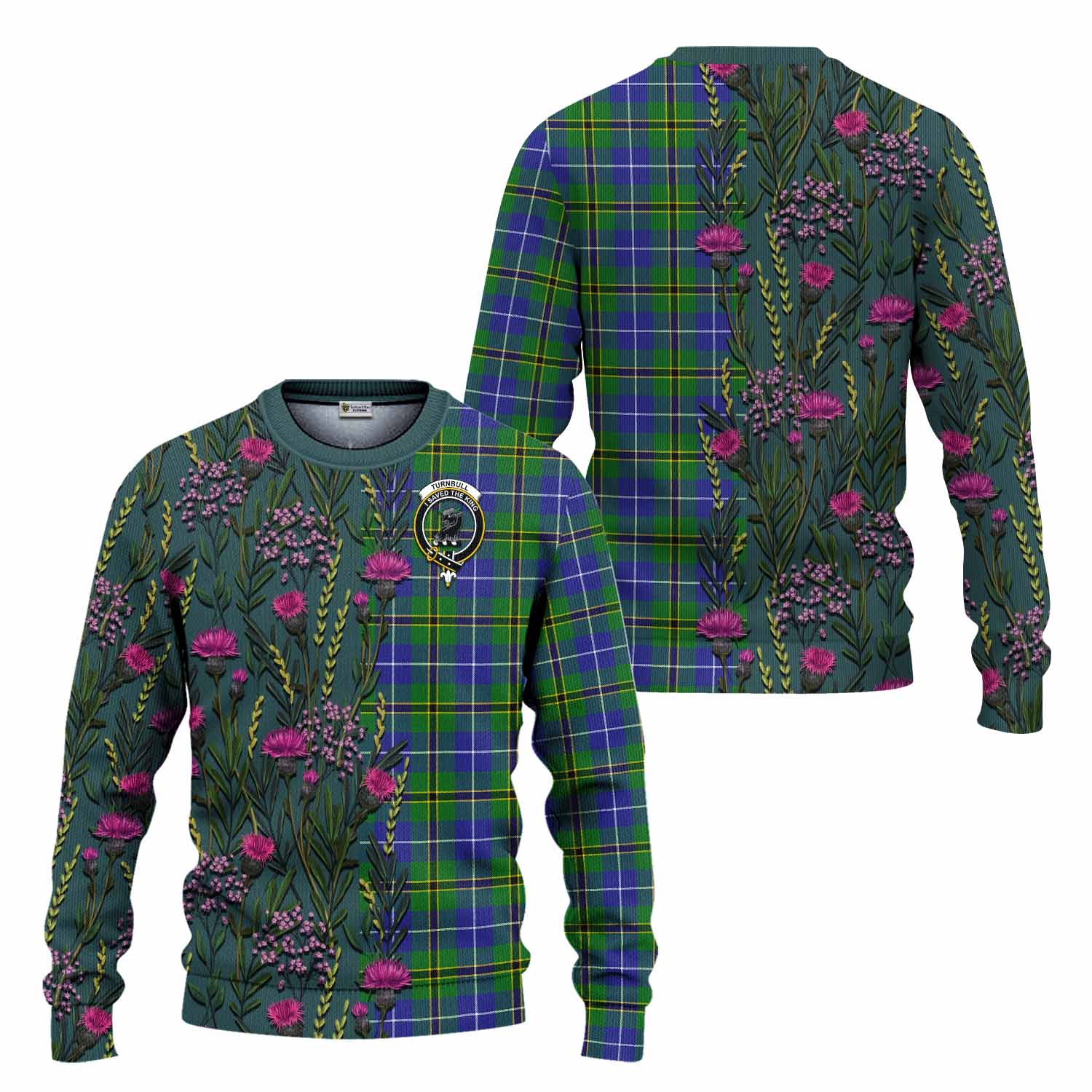 Turnbull Family Crest Tartan Knitted Sweater Scottish Thistle Flower Pattern Half Style - Tartan Vibes Clothing