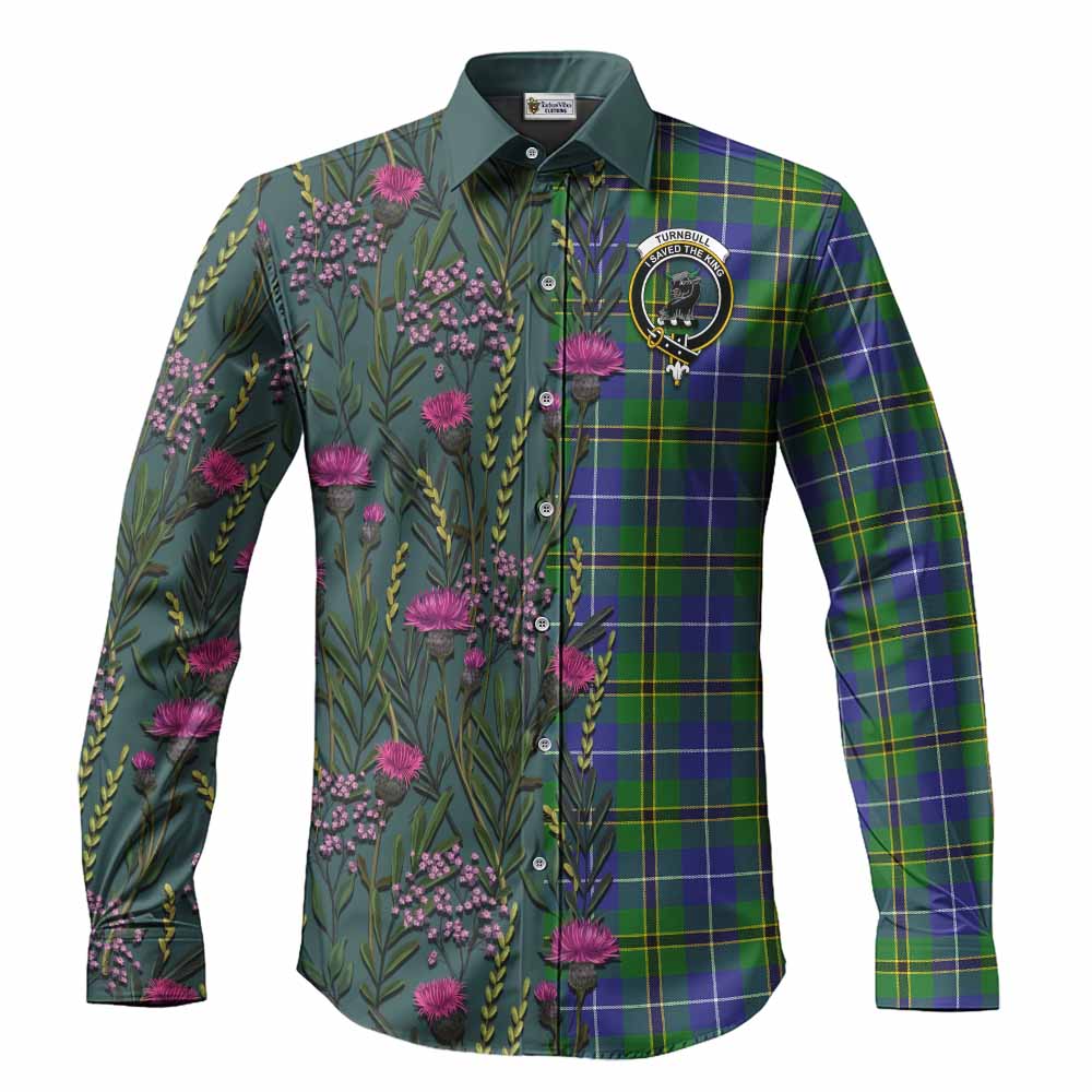 Turnbull Family Crest Tartan Long Sleeve Button Shirts Scottish Thistle Flower Pattern Half Style - Tartan Vibes Clothing