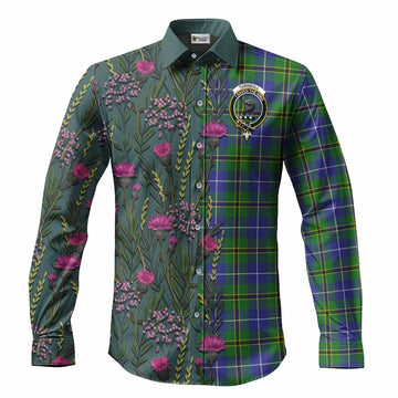 Turnbull Family Crest Tartan Long Sleeve Button Shirts Scottish Thistle Flower Pattern Half Style