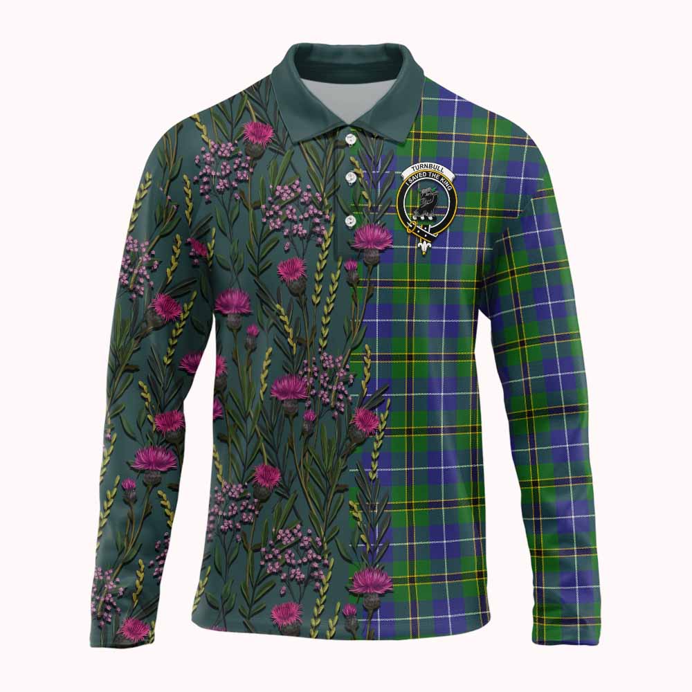 Turnbull Family Crest Tartan Long Sleeve Polo Shirt Scottish Thistle Flower Pattern Half Style - Tartan Vibes Clothing