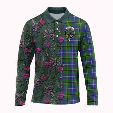 Turnbull Family Crest Tartan Long Sleeve Polo Shirt Scottish Thistle Flower Pattern Half Style