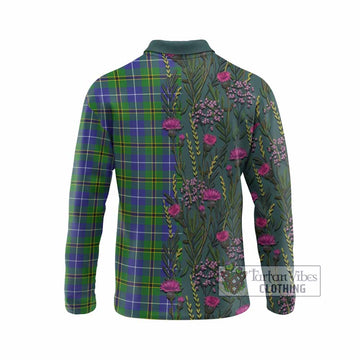 Turnbull Family Crest Tartan Long Sleeve Polo Shirt Scottish Thistle Flower Pattern Half Style
