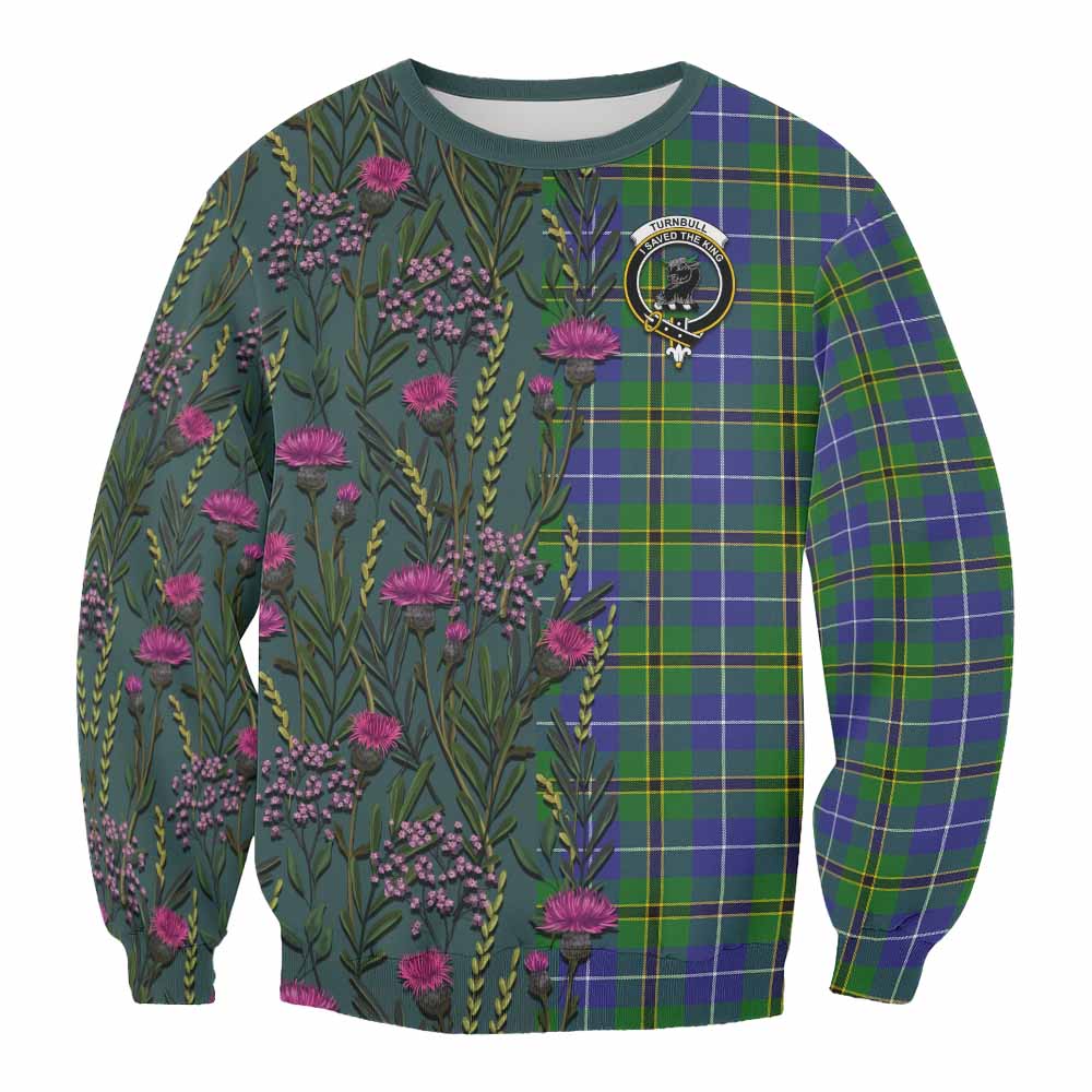 Turnbull Family Crest Tartan Sweatshirt Scottish Thistle Flower Pattern Half Style - Tartan Vibes Clothing