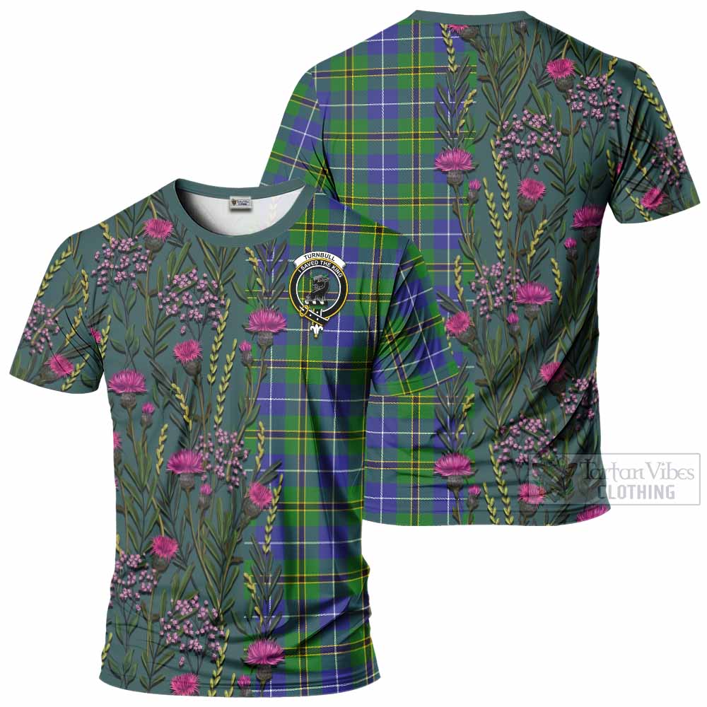 Turnbull Family Crest Tartan T-Shirt Scottish Thistle Flower Pattern Half Style - Tartan Vibes Clothing