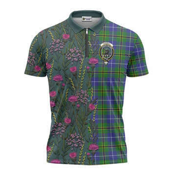 Turnbull Family Crest Tartan Zipper Polo Shirt Scottish Thistle Flower Pattern Half Style