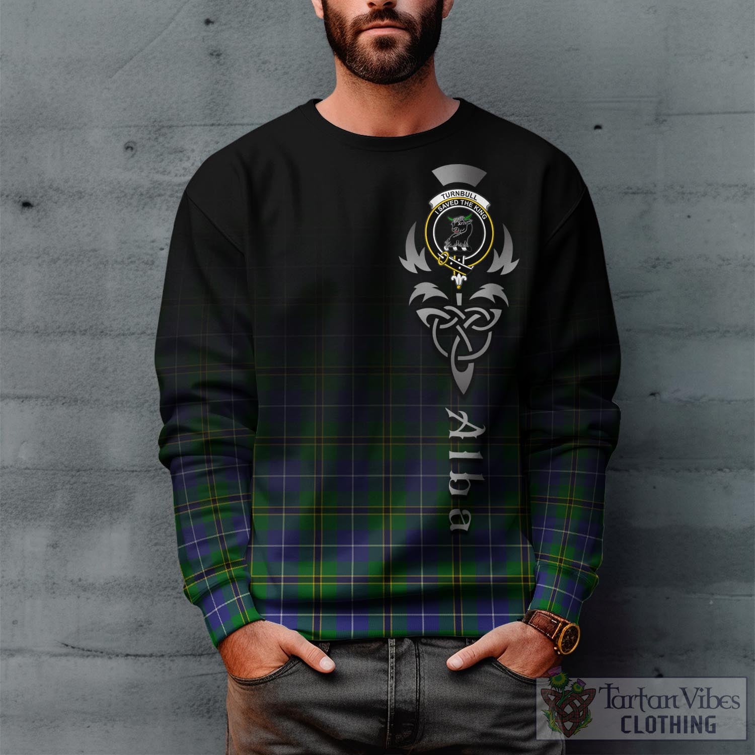 Tartan Vibes Clothing Turnbull Hunting Tartan Sweatshirt Featuring Alba Gu Brath Family Crest Celtic Inspired