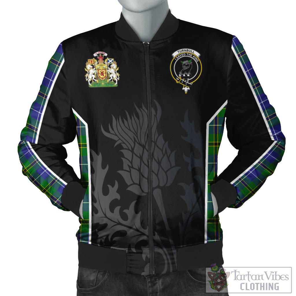 Tartan Vibes Clothing Turnbull Hunting Tartan Bomber Jacket with Family Crest and Scottish Thistle Vibes Sport Style