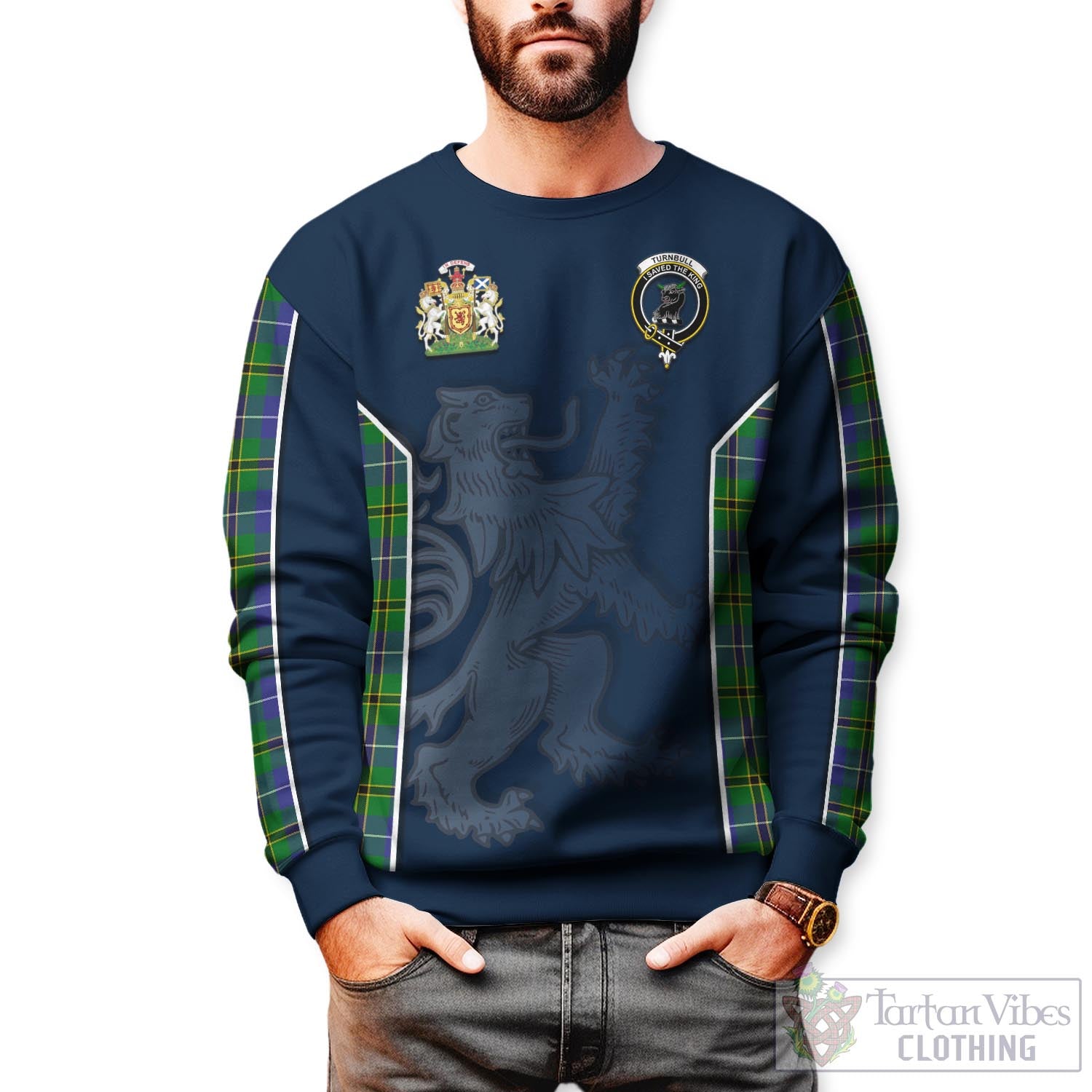 Tartan Vibes Clothing Turnbull Hunting Tartan Sweater with Family Crest and Lion Rampant Vibes Sport Style