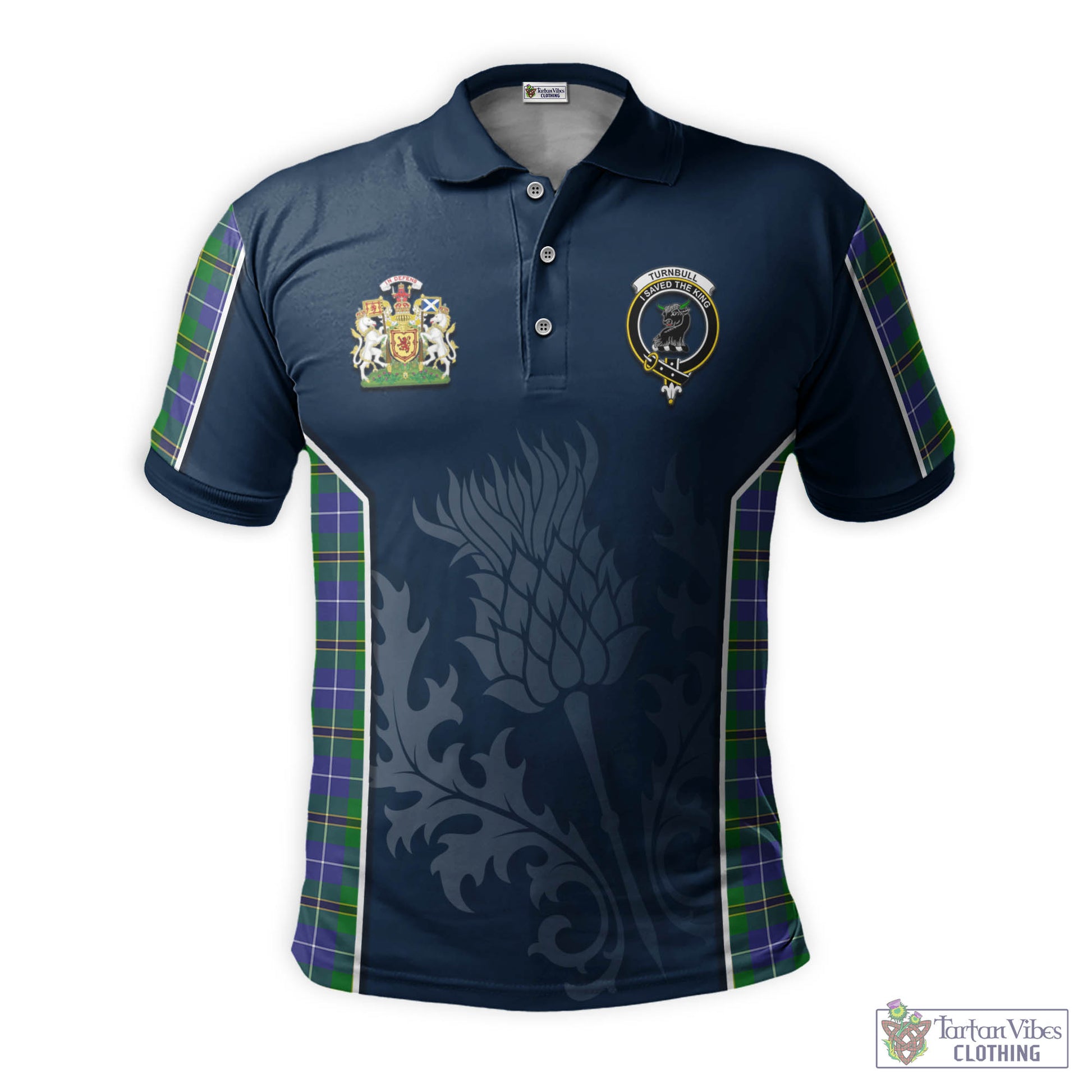 Tartan Vibes Clothing Turnbull Hunting Tartan Men's Polo Shirt with Family Crest and Scottish Thistle Vibes Sport Style