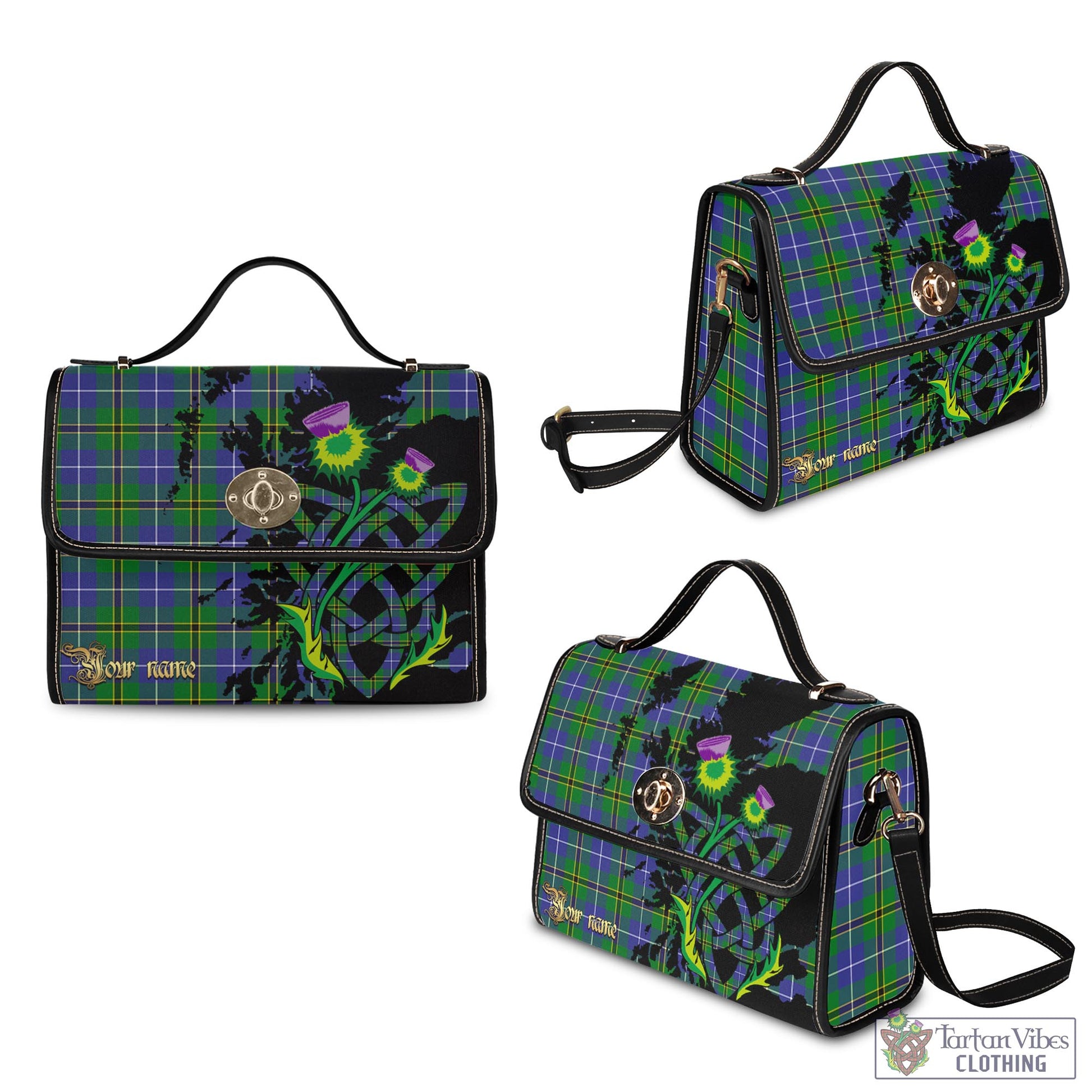Tartan Vibes Clothing Turnbull Hunting Tartan Waterproof Canvas Bag with Scotland Map and Thistle Celtic Accents