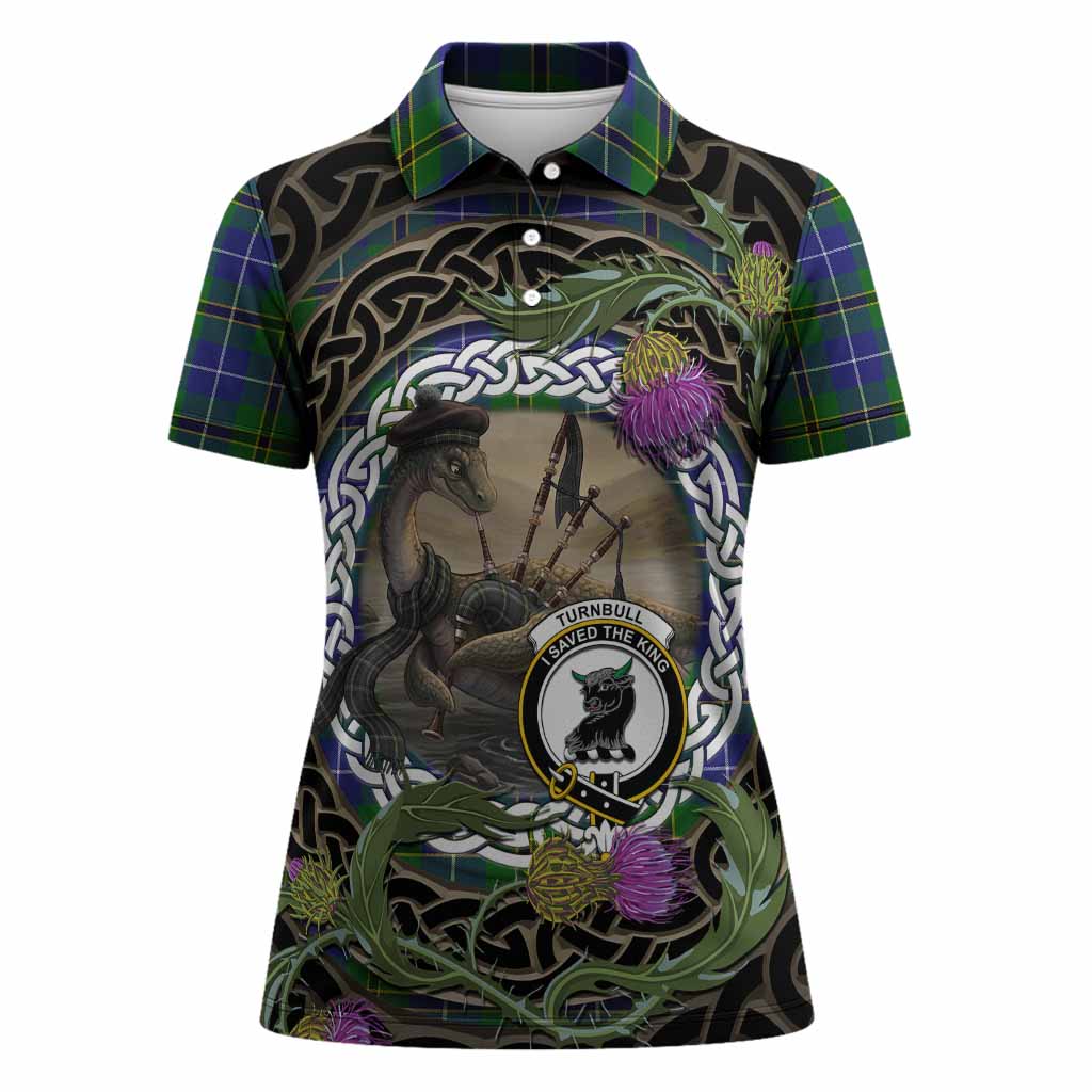 Turnbull Tartan Crest Bagpipe Nessie Women Polo Shirt Scottish Loch Ness Monster Celtic Thistle